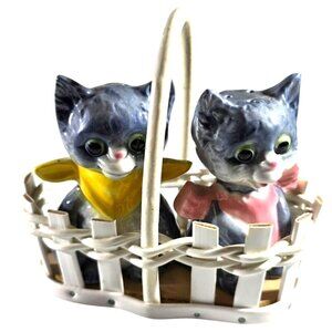 Cat Salt Pepper Shakers Vtg Ceramic With Basket By Goebel anthropomorphic